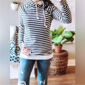 Ampersand Avenue Double Hood Navy Striped Sweatshirt, EUC, Size Medium, MSRP $69